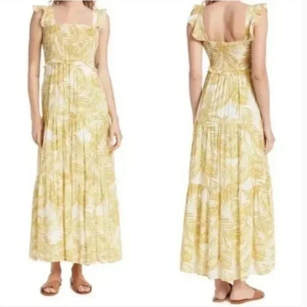 Nanette Lepore Palm Leaf Maxi Dress Tiered Smocked Ruffle Sleeveless Size 4